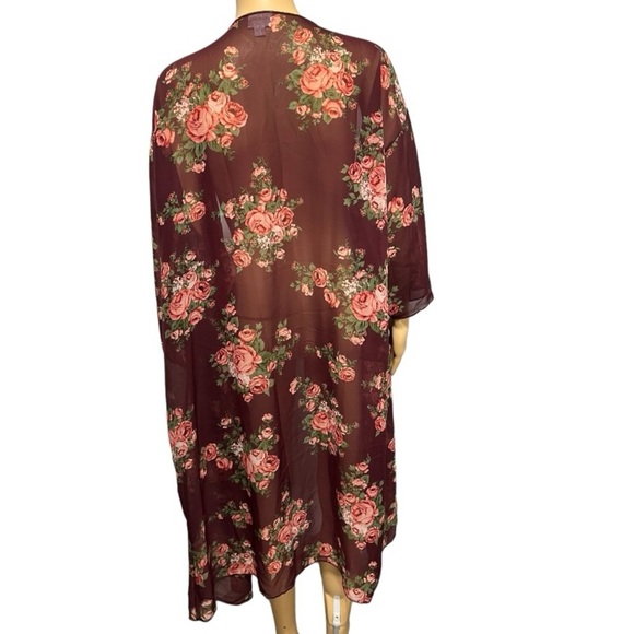 LulaRoe Sheer Burgundy Floral Kimono Duster Size L - Picture 3 of 6
